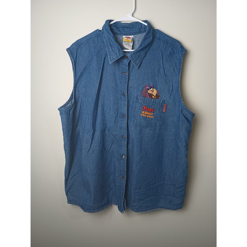 Vtg‎ 2003 Looney Tunes Tasmanian Devil She-Devil Taz Blouse Denim Women 26W/28W
